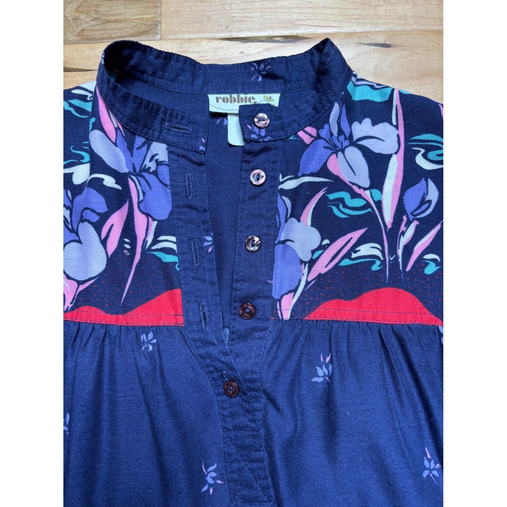 Robbie Bee Dress Womens Petite L Navy Blue Floral Border Print Puff Sleeve - Picture 2 of 13